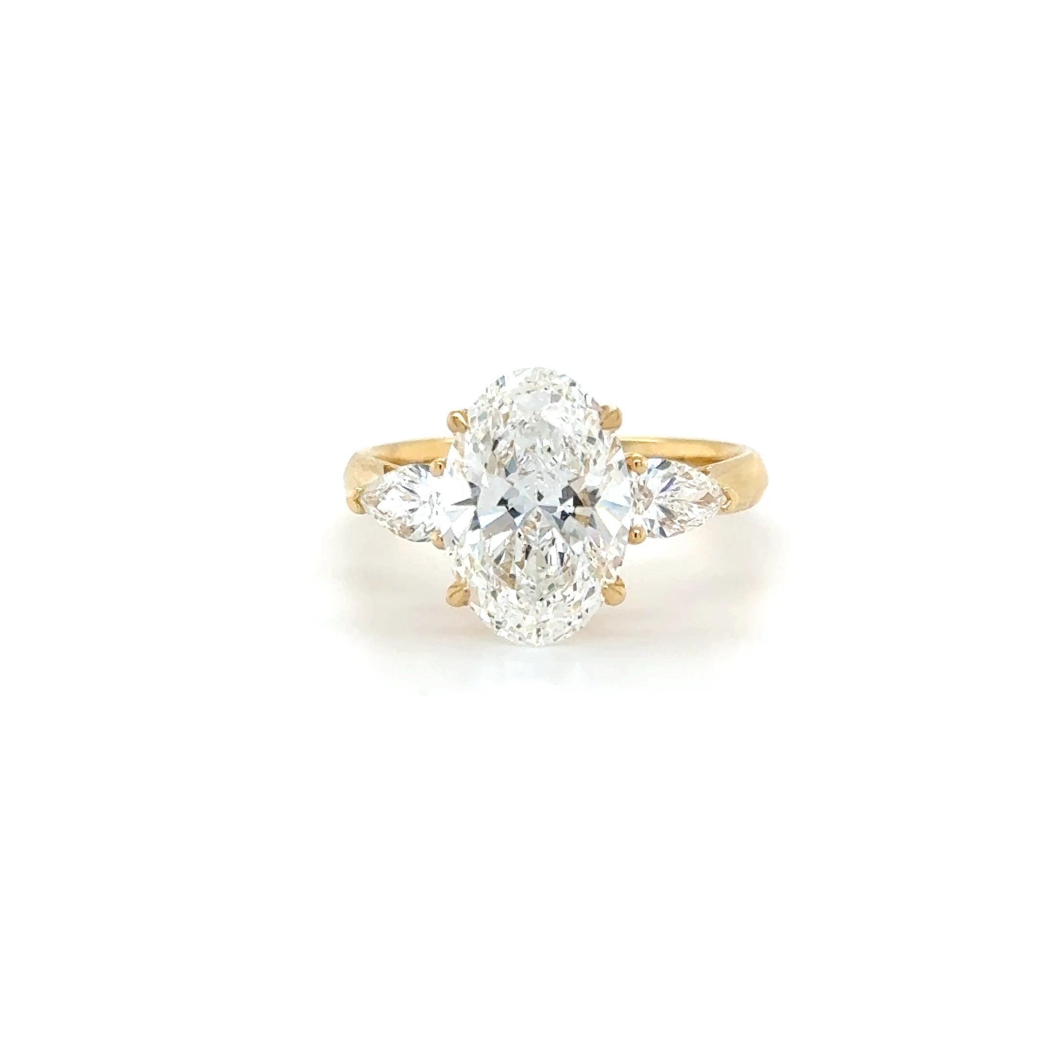 'Marielle' – 3.07ct Oval Engagement Ring with Pear-Shaped Side Stones | 18K Yellow Gold