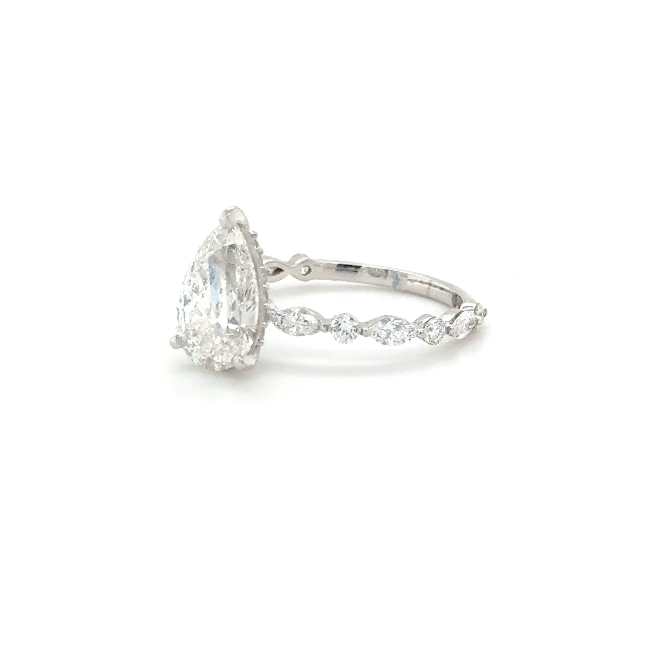 'Vivienne' – 2.03ct Pear Shape Engagement Ring with Hidden Halo & Side Stones | 18K White Gold