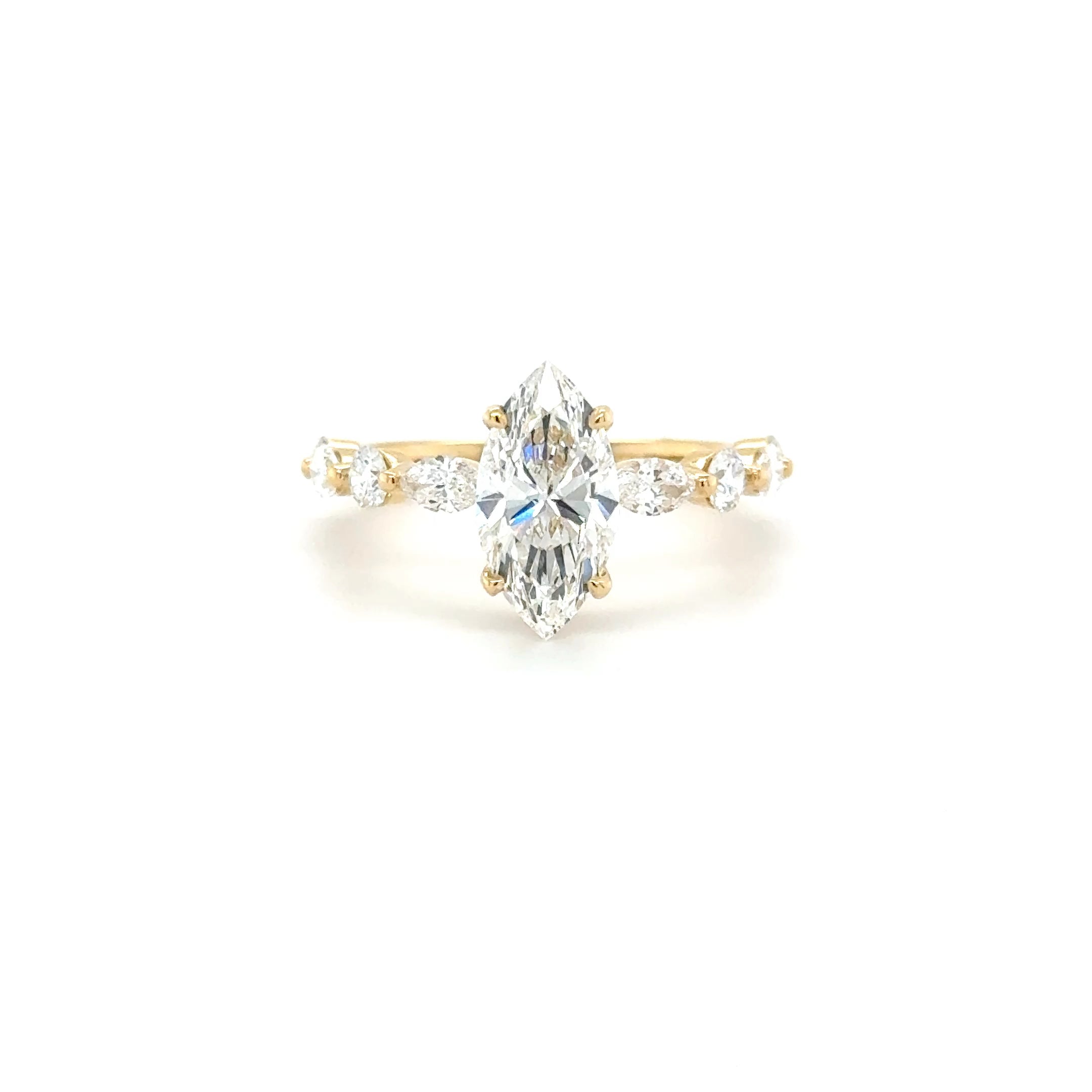 Lunelle – 1.58ct Marquise-Cut Solitaire Engagement Ring with Hidden Halo | 0.86ct Brilliant Side Stones | 18K Yellow Gold | IGI Certified