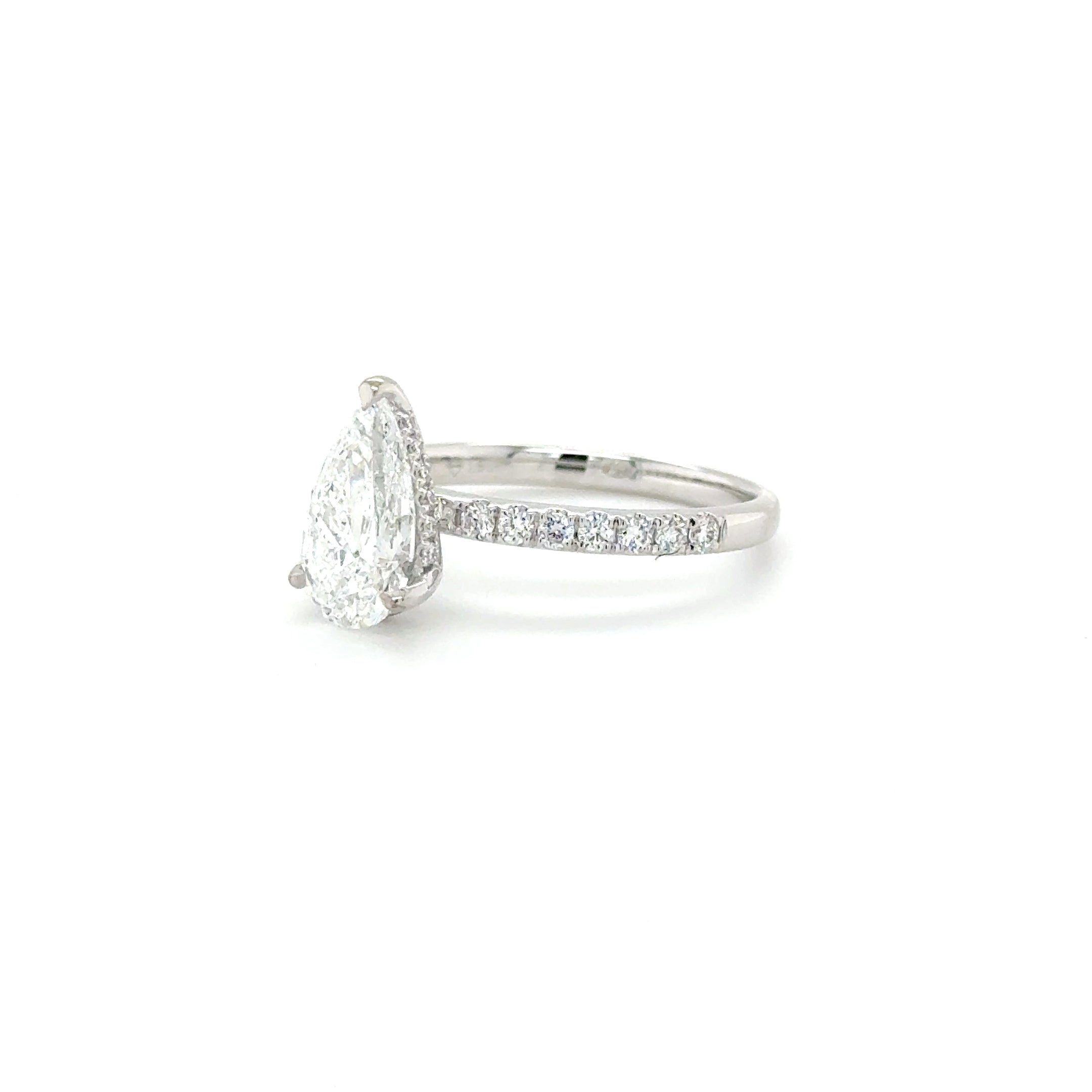 Melisande – 1.55ct Pear-Shaped Engagement Ring with Hidden Halo & 0.43ct Micro Pavé Sidestones | 18K White Gold | IGI Certified