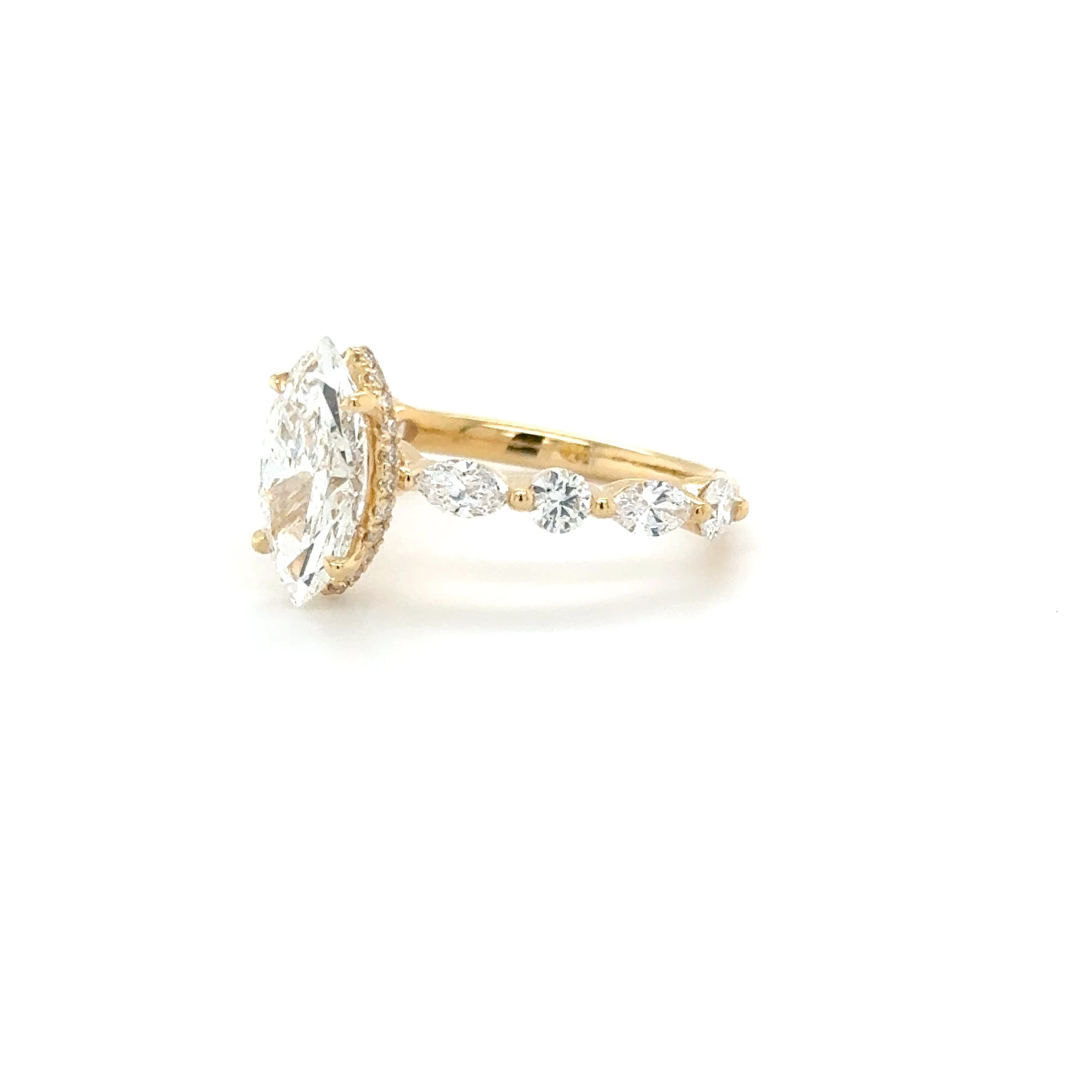 Lunelle – 1.58ct Marquise-Cut Solitaire Engagement Ring with Hidden Halo | 0.86ct Brilliant Side Stones | 18K Yellow Gold | IGI Certified