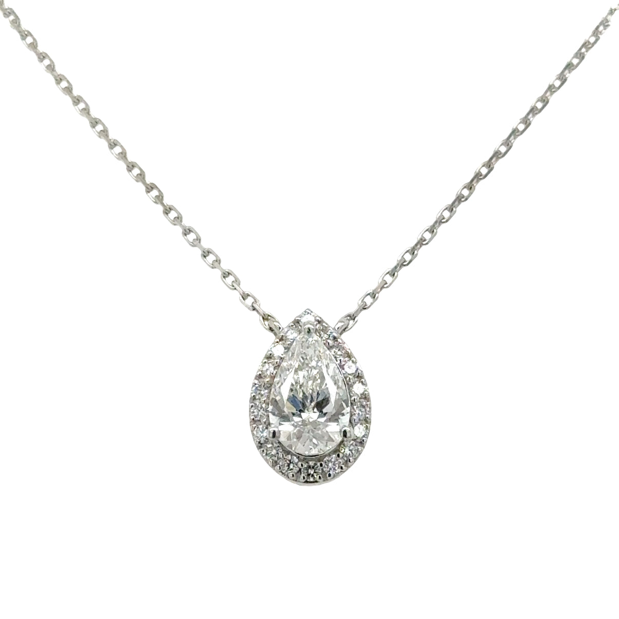 “Elegant Halo: Pear-Shaped Diamond Necklace with Sparkling Side Accents – 1.20ct Lab-Grown”